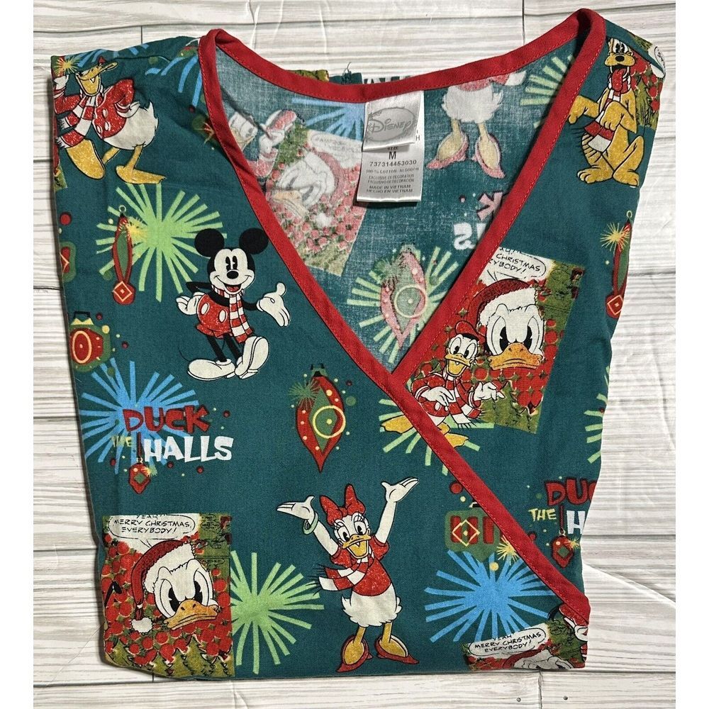 Disney Duck‎ The Halls Christmas Medium Scrub Top.  Donald Duck, Mickey, Pluto